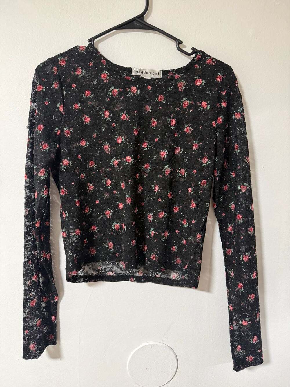 Madden Girl Black Red Floral Print Sheer Long Sleeve Mesh Crop Top Size L